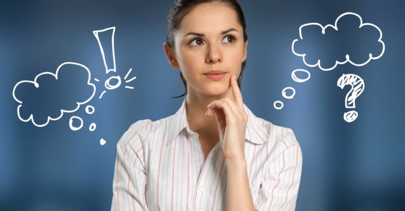 Nachdenkliche Frau mit Fragen und Antworten bzgl Bienenstockluft Therapie