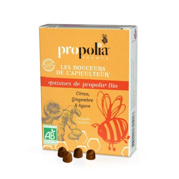 Propolisbonbons Verpackung mit einigen Bonbonbs, Geschmacksrichtung Ingwer-Zitrone von Propolia